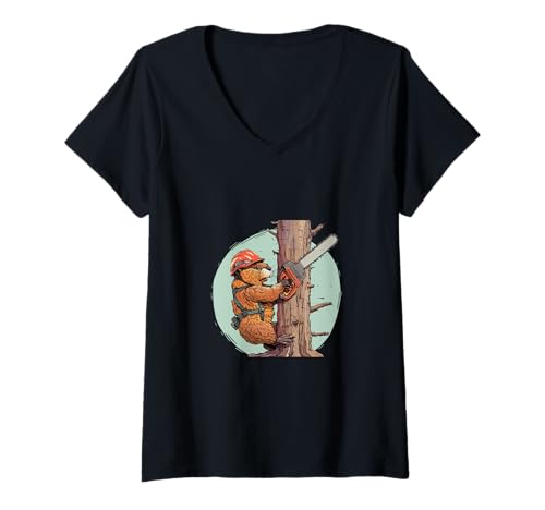 Damen Biber Holzfäller-Kettensäge T-Shirt mit V-Ausschnitt von Beaver Chainsaw Beaver Illustration