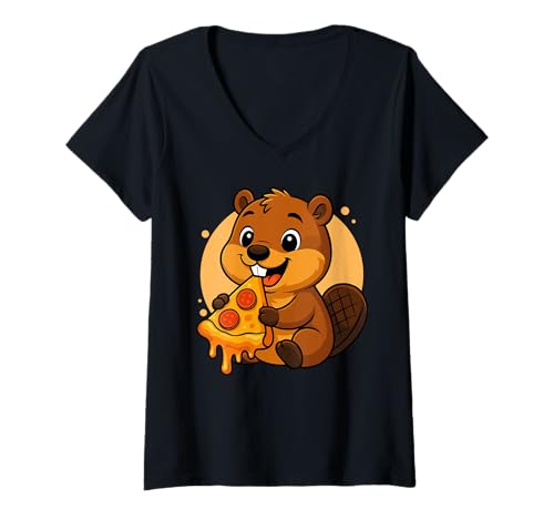 Damen Lustiger Biber Essen Pizza Grafik Jungen Mädchen Biberliebhaber T-Shirt mit V-Ausschnitt Damen Lustiger Biber Essen Pizza Grafik Jungen Mädchen Biberliebhaber T-Shirt mit V-Ausschnitt von Beaver Eating Pizza Graphic Design