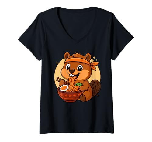 Damen Kawaii Biber essen Ramen Grafik Japanischer Biber Grafik T-Shirt mit V-Ausschnitt Damen Kawaii Biber essen Ramen Grafik Japanischer Biber Grafik T-Shirt mit V-Ausschnitt von Beaver Eating Ramen Funny Japanese Kawaii Design