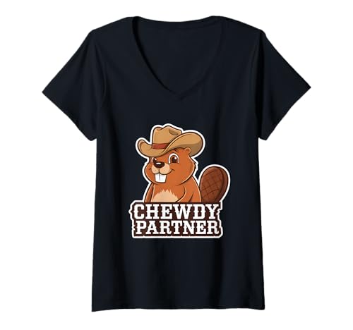 Damen Chewdy Partner Biber Wortspiel Cowboyhut Tier Country Western T-Shirt mit V-Ausschnitt Damen Chewdy Partner Biber Wortspiel Cowboyhut Tier Country Western T-Shirt mit V-Ausschnitt von Beaver Gifts For Beaver Lover