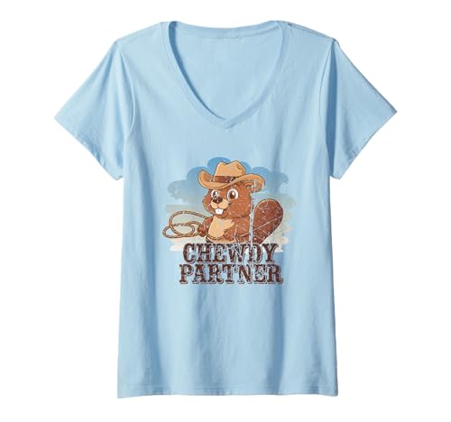 Damen Chewdy Partner Biber Wortspiel Cowboyhut Tier Country Western T-Shirt mit V-Ausschnitt Damen Chewdy Partner Biber Wortspiel Cowboyhut Tier Country Western T-Shirt mit V-Ausschnitt von Beaver Gifts For Beaver Lover