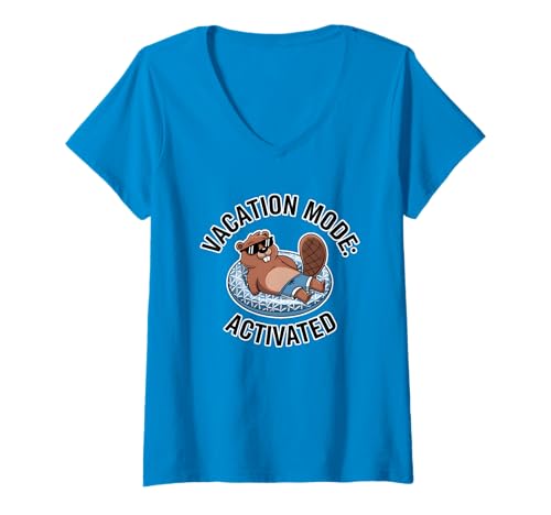 Damen Süße Sommer-Sonnenbrille mit aktiviertem Urlaubsmodus, lustiger Biber T-Shirt mit V-Ausschnitt von Beaver Gifts For Beaver Lover