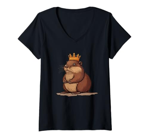 Damen Kichern mit lustigem Biber mit Krone jetzt Kostüm T-Shirt mit V-Ausschnitt von Beaver King