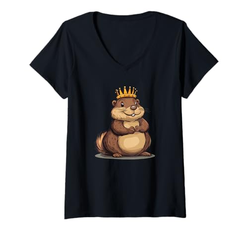 Damen Lustiger Biber mit Krone herrscht das höchste Outfit T-Shirt mit V-Ausschnitt von Beaver King