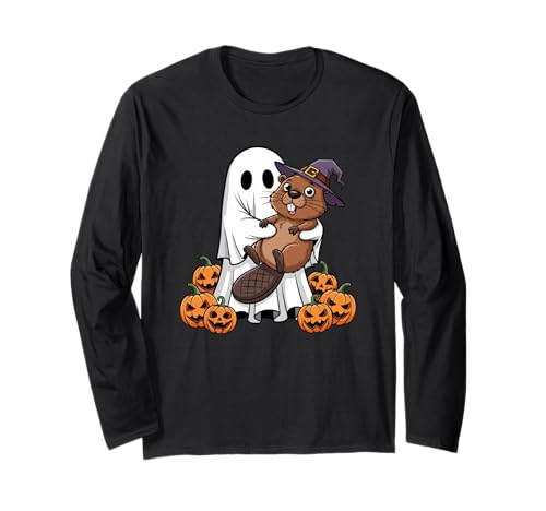 Lustiger Geist Biber Kürbis Halloween Kinder Herren Damen Langarmshirt von Beaver Lovers Cute Halloween Outfits for Boy Girl