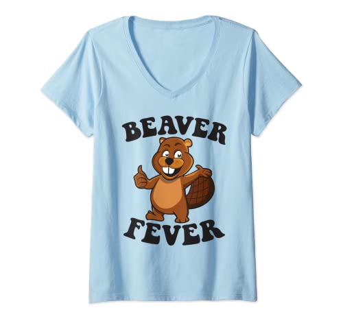 Damen Beaver Fever Biberdamm und Biber Holzfäller Kostüm Biber T-Shirt mit V-Ausschnitt von Beaver Nagetier Spruch Eurasischer Biber Design