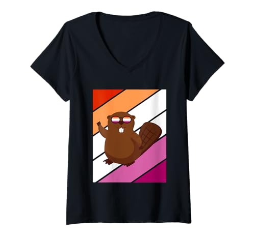 Damen Biber Pride Lesbische Flagge LGBTQ Proud Ally Pride Support T-Shirt mit V-Ausschnitt Damen Biber Pride Lesbische Flagge LGBTQ Proud Ally Pride Support T-Shirt mit V-Ausschnitt von Beaver With Pride Lesbian Flag LGBTQ