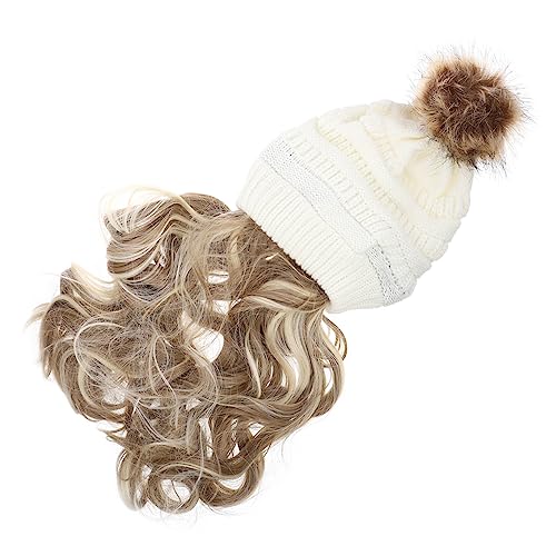 Beavorty 2 Sätze Abnehmbare Perückenkappe Beanie-mütze Gestrickt Haarperücke Mit Hut Bommelmütze Für Damen Beanie-hut-perücke Satinhaube Baskenmützen Fräulein Hochtemperaturdraht Weiß Kabel von Beavorty