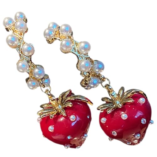 Beavorty Erdbeerohrringe Damen Süße Tropfenohrringe mit Kunstperlen Einzigartiger Schmuck für Mädchen Eleganter Ohrschmuck für Besondere Anlässe Vintage Erdbeerperlenohrringe von Beavorty