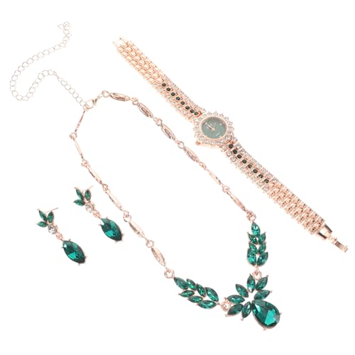 Beavorty Vintage-Uhren Für Damen Hochzeitsschmuckset Mit Ohrhängern Grüner Schmuck Bling-Uhr Brautohrhänger Armband-Set-Uhr Grüner Modeschmuck Brautkristallkette von Beavorty