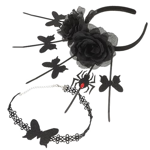 Beavorty Schmetterlingsset Mit Halloween-halskette Schwarzen Chokern Gothic-stirnbändern Mit Rosenblüten Und Spinnen Für Damen Cosplay-zubehör Und Gothic-accessoires von Beavorty