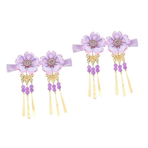 Beavorty 2 Paar Haarnadel Haarspangen Mit Kanzashi-blumen Japanische Blumenhaarspange Kimono-haarschmuck Hanfu-haarspange Bettwäsche Aus Baumwolle Violett Braut Die Klingel Lange Quasten von Beavorty