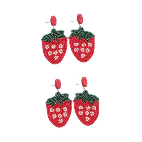 Beavorty 2 Paare Erdbeer Ohrringe Handgefertigt mit Perlen und Blumen Leichter Boho Style Ohrhänger Einzigartige Beaded Strawberry Dangle Jewelry für Damen Urlaub von Beavorty