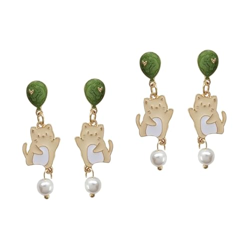 Beavorty 2 Paare Silber Katzenohrringe mit Perlenanhänger Niedliche Kreative Ohrstecker für Frauen Lustiger Schmuck für Alltag und Besondere Anlässe Allergikerfreundlich Tierohrringe von Beavorty