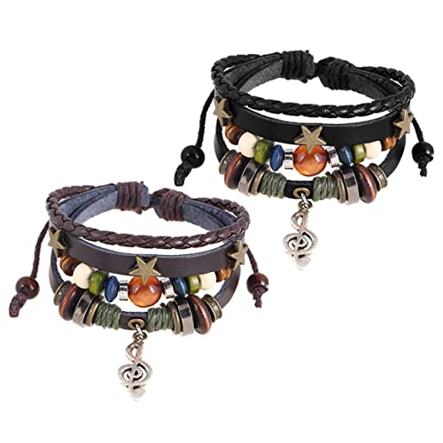 Beavorty 2 Sätze Retro Armbandset für Damen Teiliges mit Lederarmband Perlen Vintage Look Verstellbar Leicht für Besondere Anlässe Boho Schmuck für Frauen von Beavorty