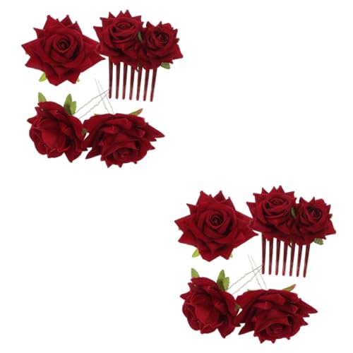 Beavorty 2 Sätze rosafarbene Haarspange Kamm Braut Haarschmuck rote Rosen Rose Bobby Haarnadel Haarklammer Rosenkopfschmuck Haarklemme Mädchen Kopfbedeckung künstliche Plüschstoffe von Beavorty