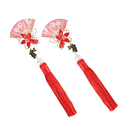 Beavorty 2 Stück 1 Paar Haarspange Mit Fächerblume Neujahr Haarspangen Chinesische Qipao-kopfbedeckung Haarnadeln Mit Quasten Haarspange Hanfu-haarspange Baby Empfindlich Stoff Blumen von Beavorty