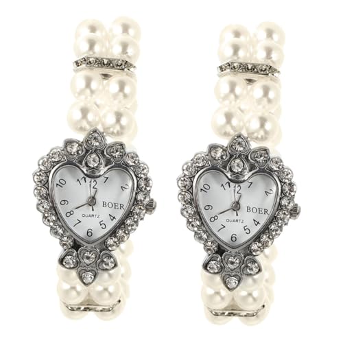 Beavorty 2 Stück Damen Armbanduhr mit Perlen und Herzform Elastisches Armband Analog Quarz Uhr für Besondere Anlässe Wie Party Weihnachten von Beavorty