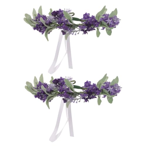 Beavorty 2 Stück Lavendelfarbener Blumenkranz Stirnband Teiliges Leichtes Kopfschmuck Accessoire mit Tiefvioletten Kunstblüten und Grünen Blättern Eleganter Haarschmuck für Damen Hochzeit von Beavorty
