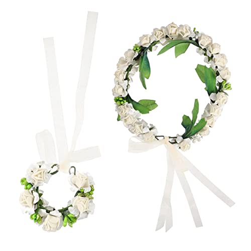 Beavorty 2st Mädchen Stirnband Kranz Blumen- Blumenstirnband Für Mädchen Stirnbänder Mit Blumengirlanden Armband Floraler Haarkranz Rose Weiß Dekorative Brautjungfer von Beavorty