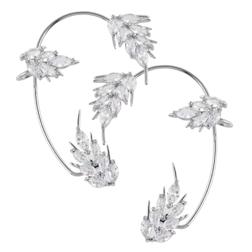 Beavorty 2 Stück Ohrklemme Damen Ohrringe Piercingfrei Silberfarbene Federform Strass Ohrclip Modisch Angenehm Robust für Vielseitige Outfits von Beavorty