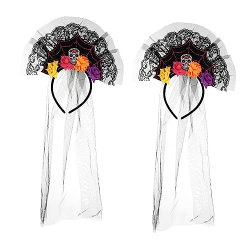 Beavorty 2st Spitzen-mesh-stirnband Halloween-haarreifen Rosafarbenes Haarband Spitzengaze-haarreifen Mexikanischer Blumenschleier Tag Der Toten Stirnband Rosenhaar Skelett Kleidung Spitze von Beavorty