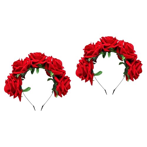 Beavorty 2 Stück Stirnbänder Für Damenhaare Braut-Kopfschmuck Rotes Stirnband Tag Der Toten Stirnbänder Blumenkrone Haarbänder Kranz Festival-Stirnband Rosen-Haarband Florales von Beavorty