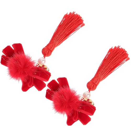 Beavorty 2St Haarschmuck mit Schleife funkelnd hair accessories for hochzeitshaar schmuck Schleife Haarnadel Haarspangen Mädchen Stoff + künstliche Perlen + Fellknäuel rot von Beavorty