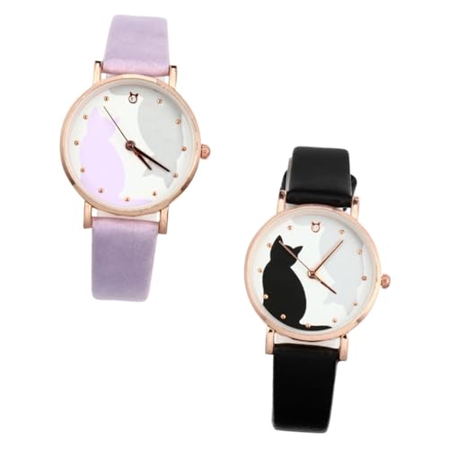 Beavorty 2stücke Katze Muster Kinderuhr Mädchen Armbanduhr Quarzuhr Mit Lederarmband Einfache Zeitanzeige Für Mädchen Ausflug Oder Schule von Beavorty