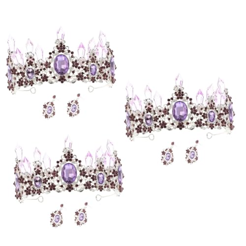 Beavorty 3 Sätze lila Kristallkrone Mädchen-Ohrringe Hochzeitsohrringe Und Tiara Mädchenkrone Hochzeit Braut Ohrringe große Krone schmücken Schmuck einstellen Fräulein Kopfbedeckung Violett von Beavorty