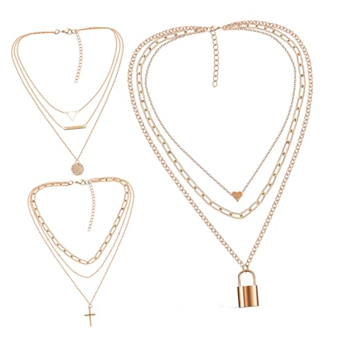Beavorty 3 Teiliges Damen Halskette Goldfarbene Metall Ketten Layering Kette Verstellbar Clavicle Kette Vielseitiger Modeschmuck für Frauen und Mädchen von Beavorty