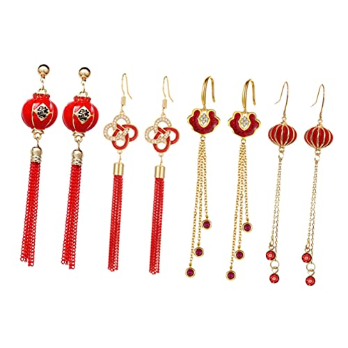 Beavorty 4 Paare Rote Quasten Ohrringe für Damen Chinesische Stil Lange Tropfen Ohrringe für Neujahrsfeiern Cosplay und Besondere Anlässe Einzigartige Schmuckkollektion mit Lebendigen von Beavorty