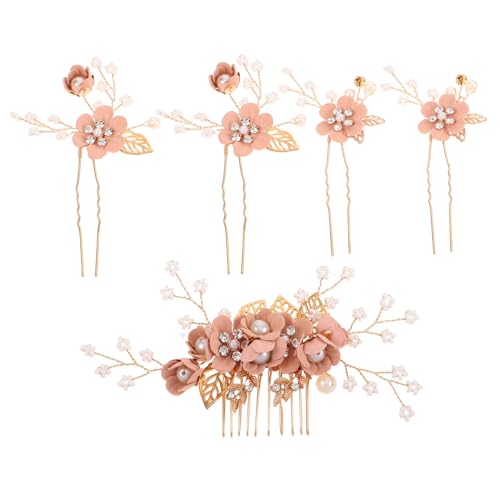 Beavorty 5 Stück Teiliges Braut Haarschmuck Goldfarbene Haarnadeln mit Perlen Rosa Blumen Haarklammern für Hochzeit Brautjungfern und Mädchen Elegant Handgefertigt von Beavorty