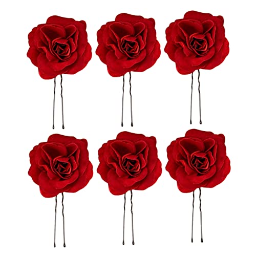 Beavorty Rot 6st Frisur Chignon-stifte Girl Hair Clip U-förmige Haarnadeln Mit Rosenblüte Rote Rosen-haarspange Blumenhaarspangen Für Frauen Haarschmuck Für Brautjungfer Zubehör Hochzeit von Beavorty