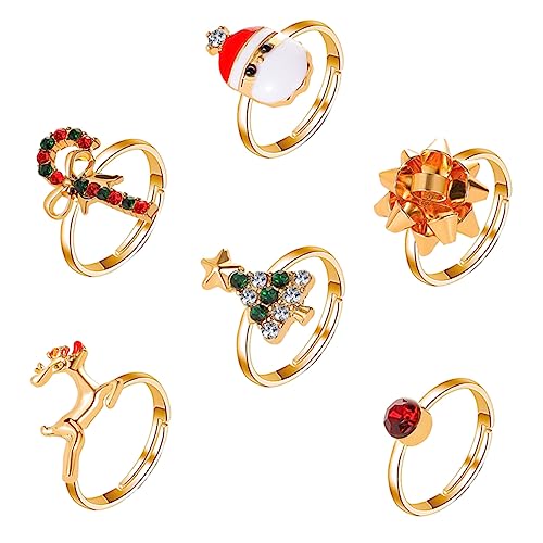 Beavorty 6 Stück Teiliges Weihnachtsring Set aus Legierung Verstellbare Cartoon Fingerringe mit Elch Weihnachtsmann und Tannenbaum Bunte Modeschmuck Ringe für Damen Festliche Xmas Party von Beavorty