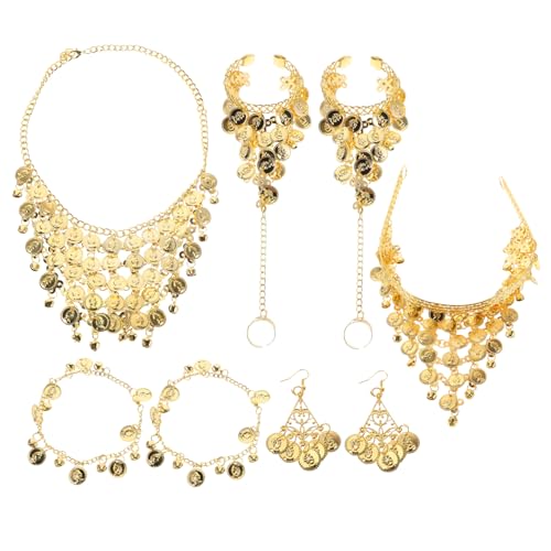 Beavorty Bauchtanz Schmuck Set Goldfarbenes Leichtes Tanz accessoire set mit Kopfschmuck Halskette Armbändern Fußkettchen und Ohrringen für Bühnenauftritte und Festivals von Beavorty