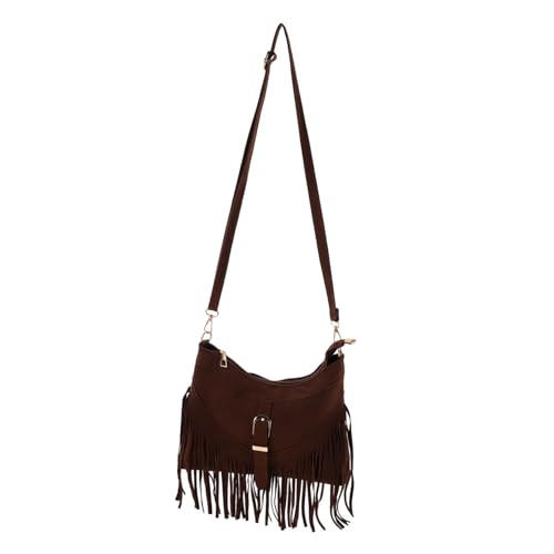 Beavorty Boho Wildleder Umhängetasche Damen Verstellbarer Gurt Retro Fransen Crossbody Tasche für Reisen Alltag und Ethno Look in Dunkelbraun von Beavorty