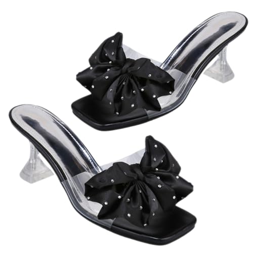 Beavorty Bow Slide Sandals Damen Absatz Sommer Mules mit Schleifen Design Pu Material rutschfest und Komfortable Halbschuhe für Büro und Outdoor Schwarze High Heel Pantoletten von Beavorty