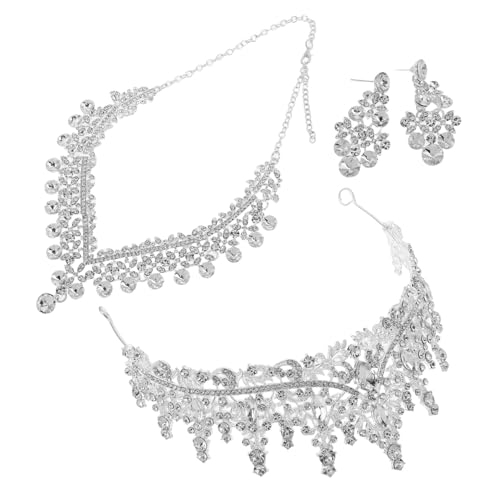 Beavorty Brautschmuck Set mit Strassbesetzter Krone Halskette und Ohrringen Eleganter Europäischer Stil Langlebige Kristallverarbeitung Silberweiß für Hochzeit Abschlussball und Formelle von Beavorty