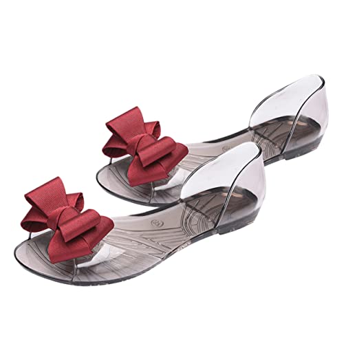 Beavorty Damen Flache Jelly Flats Sandalen Sommer Strand Schuhe mit Schleife Leicht Modisch Atmungsaktiv Rot für Freizeit und Urlaub von Beavorty