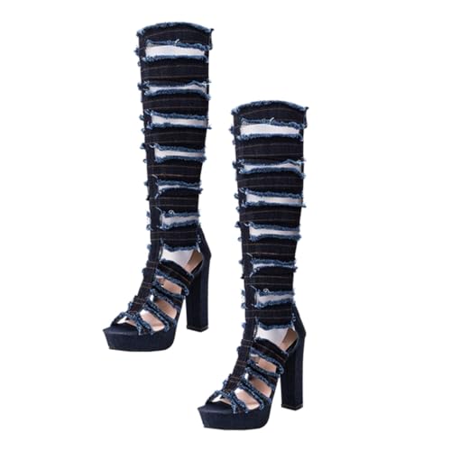 Beavorty Damen High Heel Boots Sommer Langschaft Stiefeletten mit Blockabsatz Atmungsaktiv Leicht Elegant für Damen von Beavorty