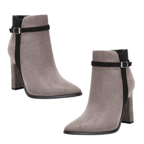 Beavorty Damen Kurzstiefel aus Hochwertigem Veloursleder mit Spitz Zulaufender Zehenpartie Modischem Klobigem Absatz Rutschfester Gummisohle Atmungsaktiv und für Herbst und Winter Hellgrau von Beavorty