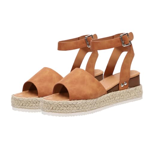 Beavorty Damen Plateau Sandalen mit Strohborte Geflochtene Flansch sandalen Braune Sommerschuhe in Modische Langlebige Fußbekleidung für Freizeit und Strand von Beavorty