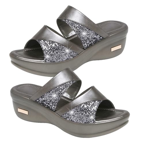 Beavorty Damen Sandalen Sommer Wedges Thick Sole Keilabsatz Slipper Casual Outdoor Schuhe mit Glänzender Deko Komfortabel Einfach Ausziehbar von Beavorty