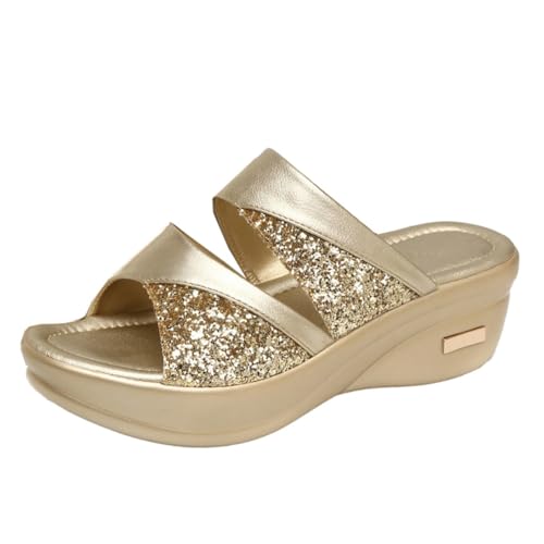 Beavorty Damen Sandalen Sommer Wedges mit Dicker Sohle Modische Offene Zehen Bequeme Freizeitschuhe für Alltag und Strand Goldfarben Atmungsaktive Langlebige Materialien von Beavorty