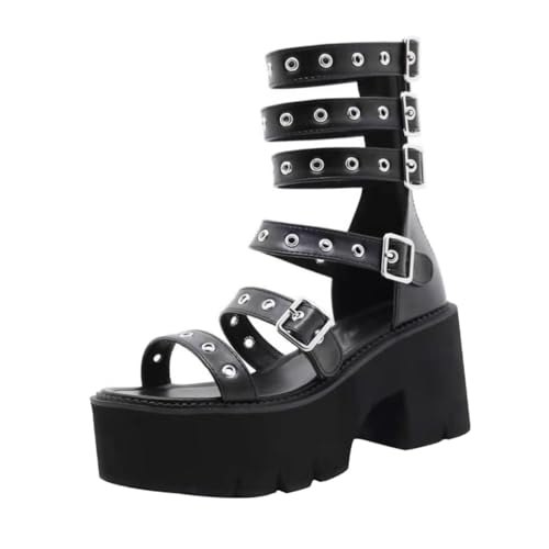 Beavorty Damen Sandalen mit Dickem Absatz und Plateau Schwarze Pu sommer slipper Elastisch Rutschfest Atmungsaktiv Modische Offene Zehenpartie für Alltag und Freizeit von Beavorty