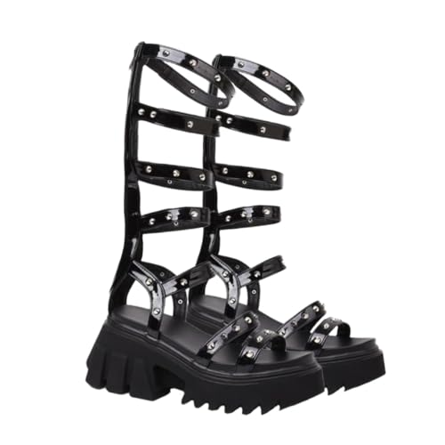 Beavorty Damen Sandalen mit Dicker Sohle Modische Schwarzer Lackleder Rutschfeste Sommer Schuhe Eleganter Keilabsatz für Partys und Alltag von Beavorty