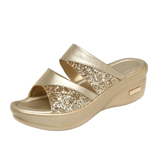 Beavorty Damen Wedges Sommer Slipper mit Dicker Keilsohle Offene Fischmaul Sandalen Goldfarbene Lässige Plateau Schuhe Angenehm und Modisch für Freizeit und Strand von Beavorty