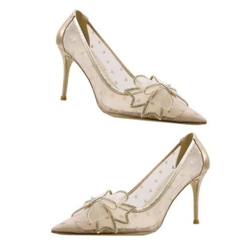 Beavorty Elegante Damen High Heels mit Spitzem Zehenbereich und Schleifen Design Atmungsaktives Spitzennetz für Sommer Bequeme Absatzschuhe für Alltag und Besondere Anlässe Stilvoll und von Beavorty
