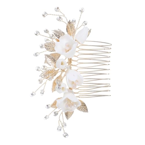 Beavorty Eleganter Braut Haarkamm mit Handgefertigten Keramikblumen und Perlen Fester Sitz durch Kamm Design Glänzende Reiskornperlen für Festlichen Hochzeitsschmuck Komfortabel für Bräute von Beavorty